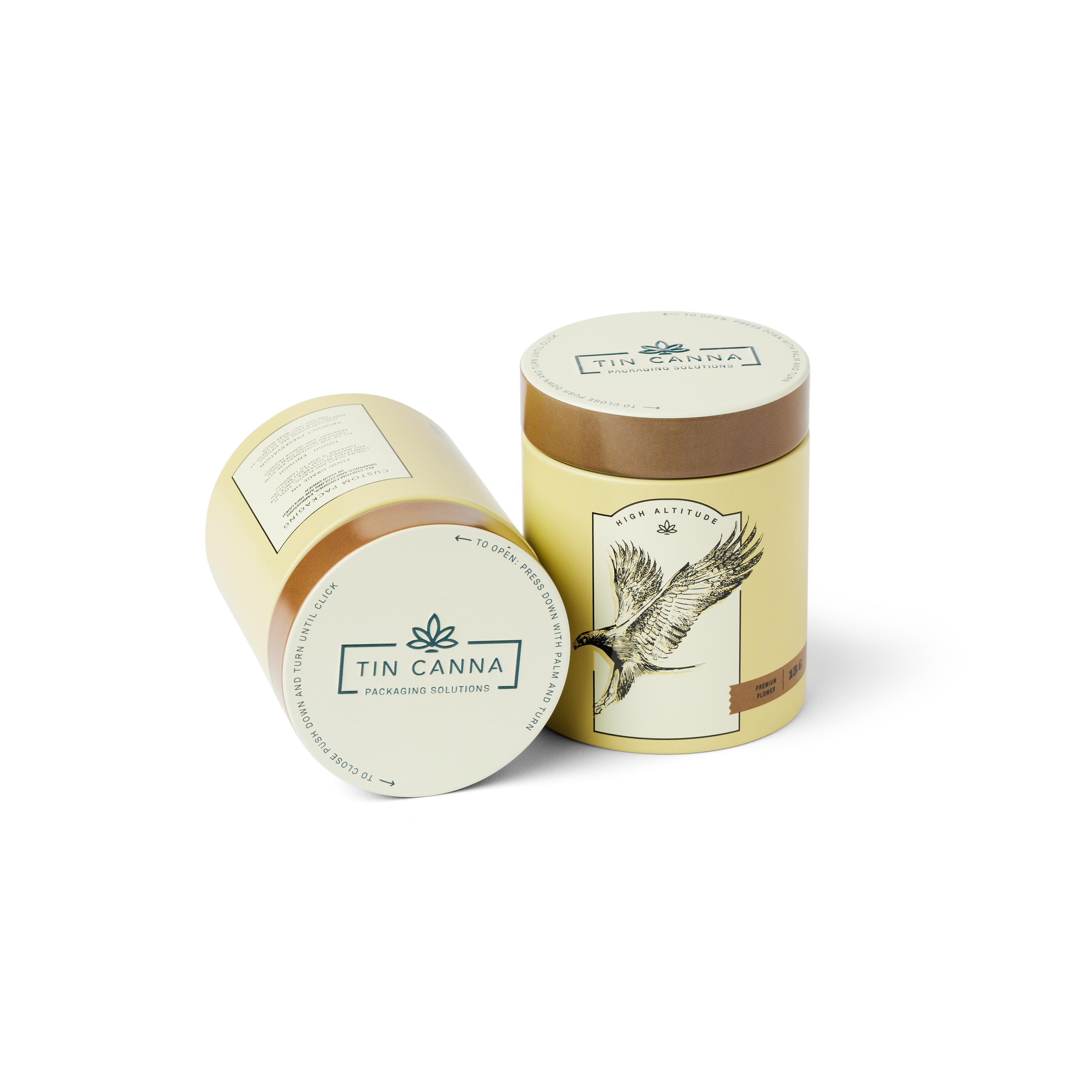 Tin Canna® High Altitude custom packaging — cream and gold cylindrical tins